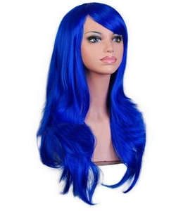 Detail view of 70cm long wavy blue synthetic hair wig on mannequin head with soft texture