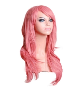 Front view of a 70cm pink wavy cosplay wig with bangs on a professional studio mannequin