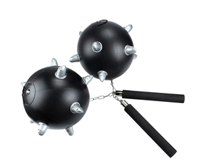 Detailed view of the large black inflatable mace prop with silver spikes and dual handles