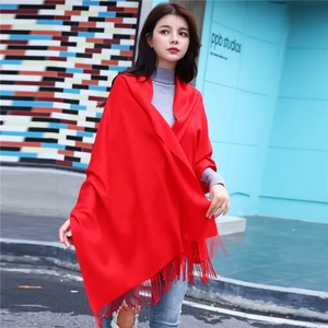 Solid red cashmere-like winter scarf with tassels, large warm pashmina shawl for women