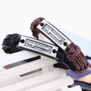Vintage cowhide leather bracelets with alloy cross charms in black and brown styles
