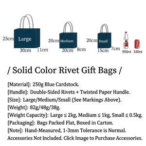 Three sizes of dark blue paper gift bags with reinforced rivet handles and size chart