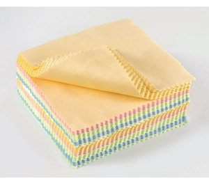 Stack of multi-colored microfiber cleaning cloths with zigzag edges on white background