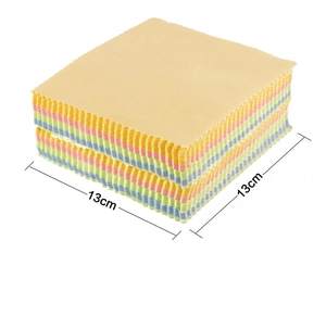 Stack of multi-colored 13cm microfiber cleaning cloths with wavy edges for glasses