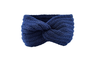 Detailed close-up of dark blue chunky knit headband with a stylish twist knot design