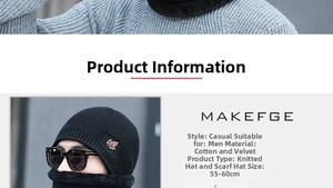 Detail of men's winter knit beanie and scarf set with thick velvet fleece lining