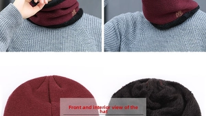 Detail of winter knit hat and neck warmer set with thick black faux fur lining for warmth