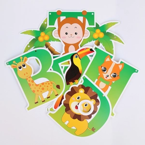 Detail of colorful animal themed alphabet banner for kids jungle birthday party decor