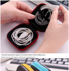 Macro view of compact hard shell earphone case with red zipper and inner mesh pocket