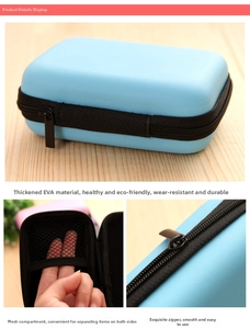 Close-up of portable blue EVA organizer case showing mesh pocket and smooth zipper