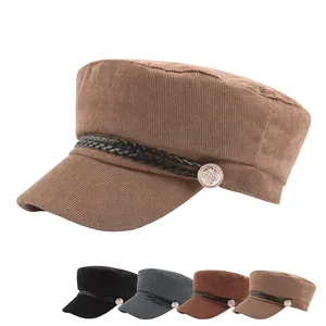 Corduroy flat top navy cap for men and women with braided strap and side button detail
