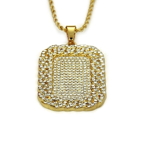Collier hip hop pour homme en or avec pendentif rectangulaire serti et chaîne torsadée