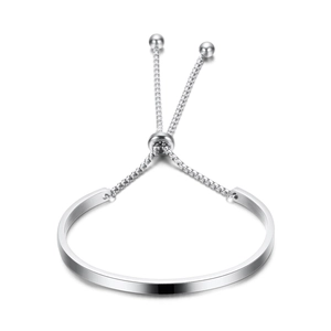 Brazalete ajustable de acero inoxidable plateado con cadena de caja y cuentas lisas