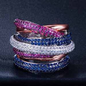 Luxury Copper Zirconia Multi-layer Cross Ring Colorful AAA Zircon Inlaid Western Style Finger Ring For Women Fashion Jewelry