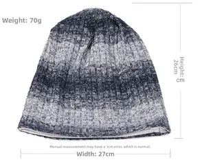 Detail showing gradient blue to grey knit beanie with ribbed texture and warm yarn