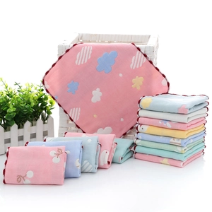 Six-layer cotton gauze baby washcloths with cute cherry and cloud prints in pastel colors
