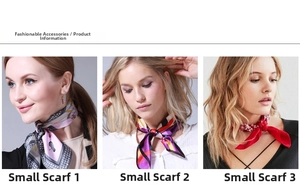 Close-up of three satin neck scarves with polka dot, geometric, and paisley patterns