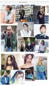 Collage showing various ways to wear the satin square scarf as a neckerchief or headband