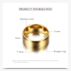 Detailed size chart of 8mm gold stainless steel ring with 21mm inner diameter