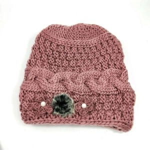 Winter knitted beanie for elderly women in dusty rose with floral pearl accents