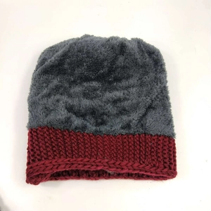 Winter faux fur and knit beanie for elderly women featuring warm wine red floral details