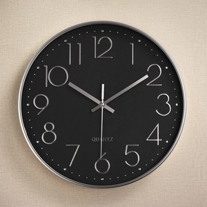 14-inch silent wall clock with matte black dial and 3D silver numerical scales
