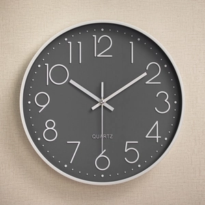 14 inch modern silent wall clock with dark grey dial and 3D white Arabic numerals