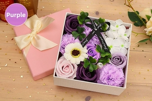Detailed soap flower gift box with purple roses and carnations for Valentine's Day decor