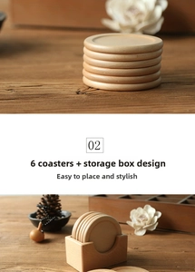 Set of 6 round wooden coasters in a U-shaped storage box on a rustic wooden table