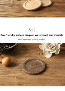 Detail of round walnut wood coaster set with waterproof eco-varnish finish