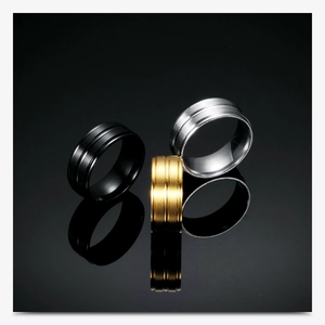 Three-color 8mm frosted stainless steel rings with dual grooves on reflective black base