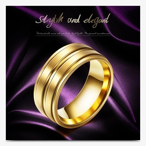 Close-up of 8mm golden stainless steel ring with triple grooves on purple silk background