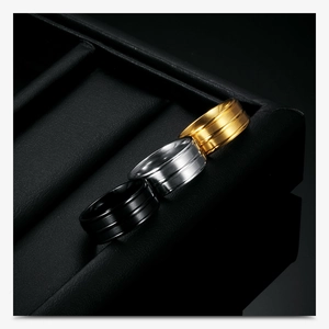 Three-color striped 8MM stainless steel rings displayed in a luxury black leather gift box