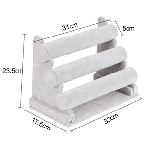 Three-tier grey velvet jewelry display stand for bracelets and watches with dimensions