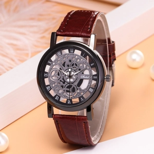Men's skeleton dial watch with brown leather strap and roman numeral markers