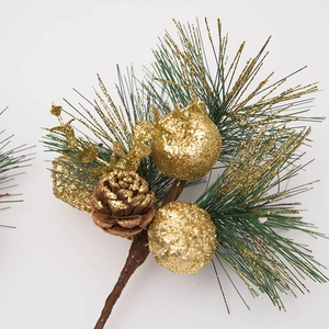 Christmas pine pick with artificial needles, golden glitter berries and natural pinecones