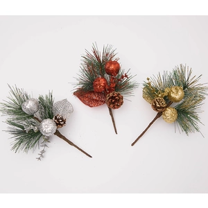 Christmas Picks Artificial Pine Needle Branch With Glitter Berries And Natural Pine Cone Festive Tree Floral Stem Decor