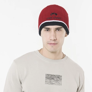 Three-color patchwork knit beanie featuring cool cheer embroidery in red and black