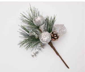 Detail of Christmas pine picks with silver glitter berries and natural brown pine cones