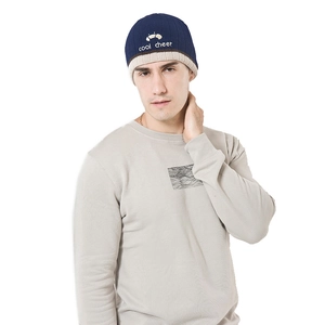 Winter striped knit beanie with cool cheer embroidery and small crab patch for men