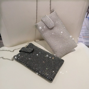 Women Sparkly Rhinestone Mobile Phone Bag Crossbody Small Purse With Silver Metal Chain For Evening Party