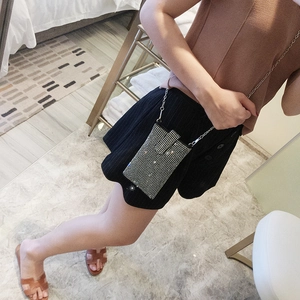 Sparkly rhinestone mobile phone crossbody bag with silver metal chain strap for women