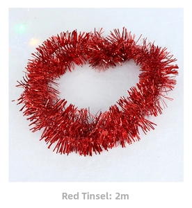 Close-up of a 2-meter red metallic tinsel garland for Christmas tree decoration