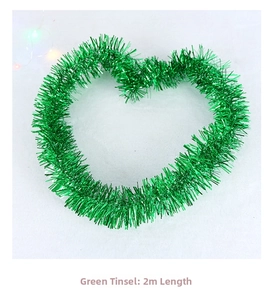 Close-up of a 2-meter green tinsel garland shaped as a heart for Christmas decoration