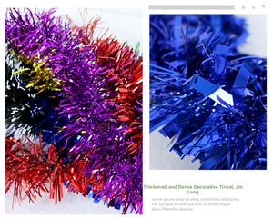 Detail of 2-meter thickened Christmas tinsel garland in blue, gold, red, and purple colors