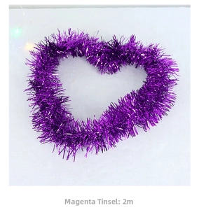 Close-up of 2-meter heart-shaped tinsel garland in metallic magenta for party decor