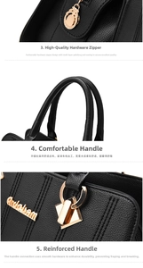 Close-up of black lychee leather handbag with gold metal logo and zip hardware details