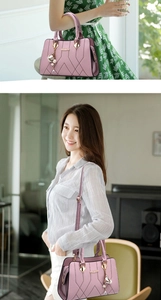 Pink PU leather handbag with geometric patterns shown in hand-carry and crossbody styles