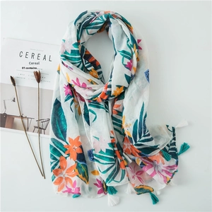 Women Long Scarf Shawl Cotton Linen Feel Tropical Plant Print Colorful Tassels Beach Vacation Summer Sun Protection