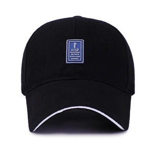 Classic black cotton baseball cap featuring a blue square golf-themed patch on the front